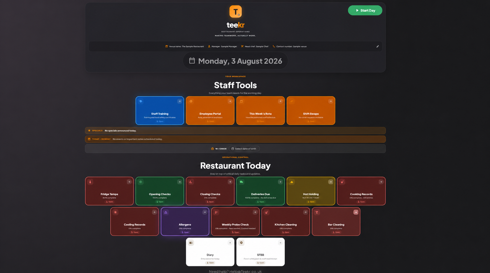Teekr restaurant operations dashboard showing staff tools, rota, shift swaps, opening checks, temperature records, deliveries, cleaning, diary and SFBB records